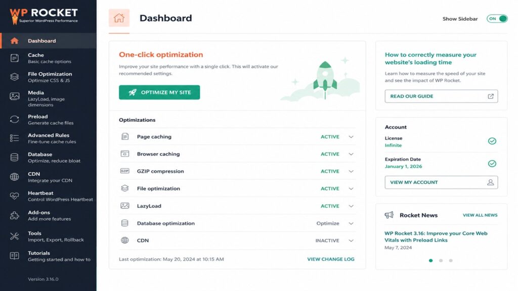 wp rocket dashboard